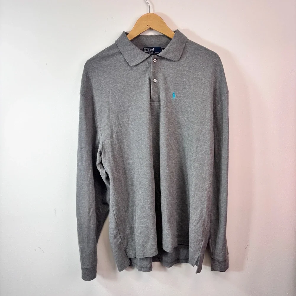 Polo Ralph Lauren Gray Long Sleeve Polo Shirt Blue Pony XXL